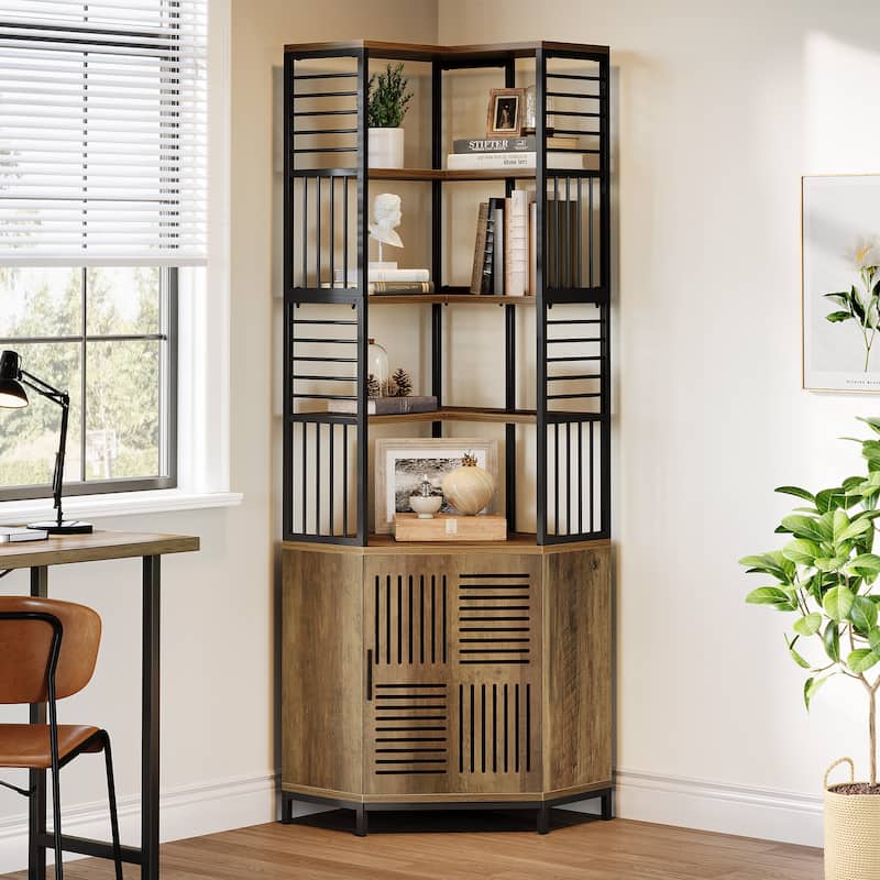 78 Inch Tall Corner Shelf with Cabinet, Industrial Bookshelf with Door