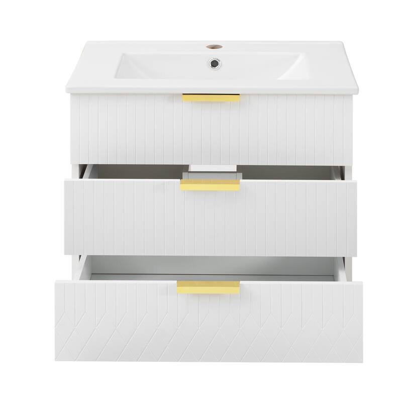 Roomfitters 24 Inch Wall Mounted Floating Vanity & Side Cabinet Combo, Modern Storage Station with Ceramic Basin Sink