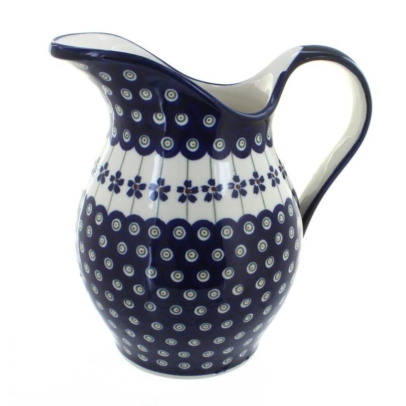 Blue Rose Polish Pottery 1160 Zaklady Pitcher - Flowering Peacock