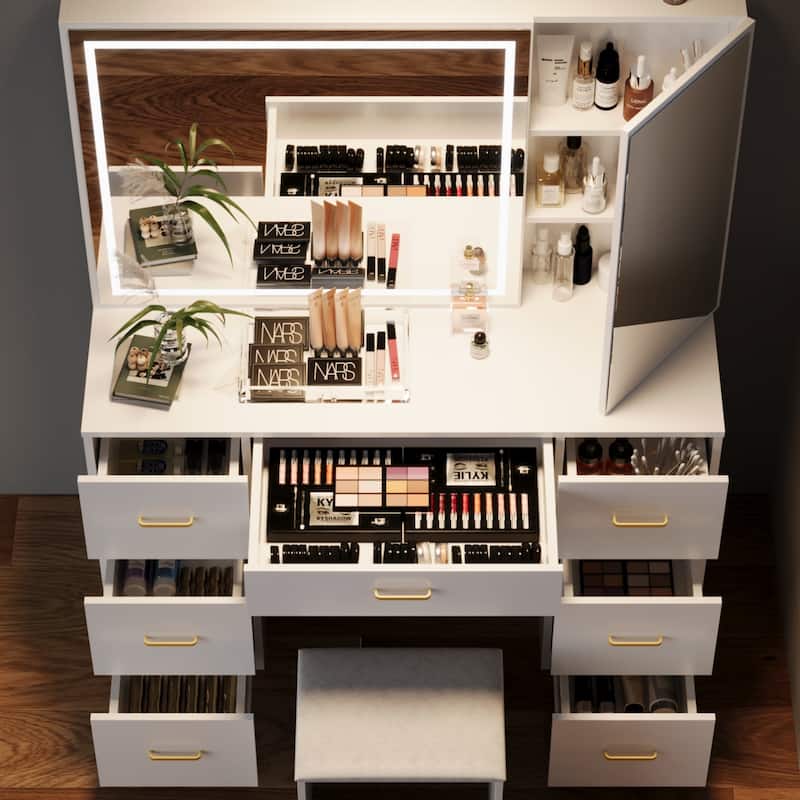 Vanity Set with Lighted Mirror,Extra Large Mirror Makeup Vanity Table with 7 Drawers,white