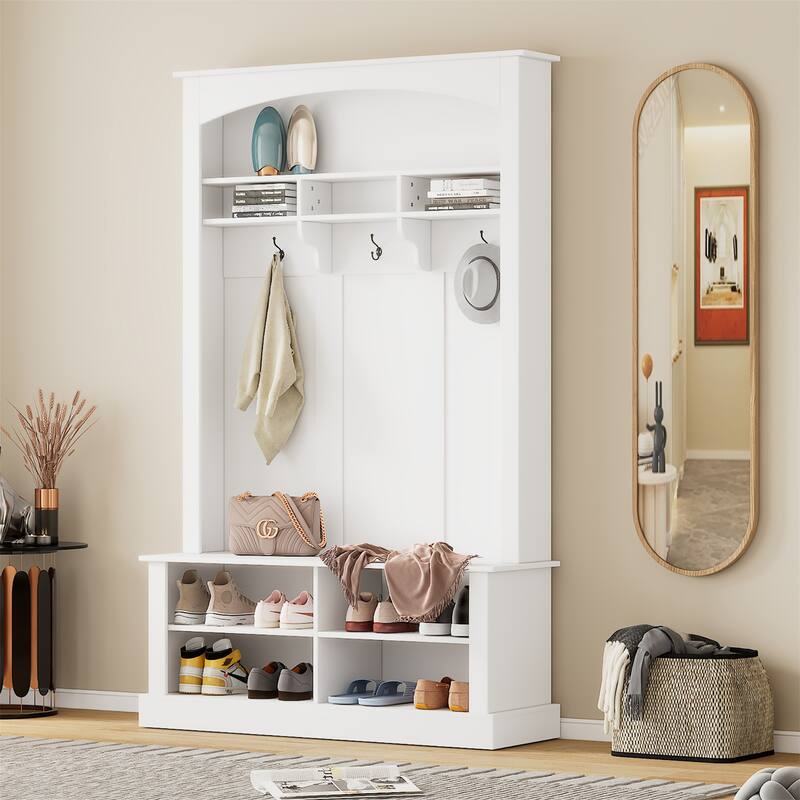 Hall Tree with Bench and Shoe Storage - White