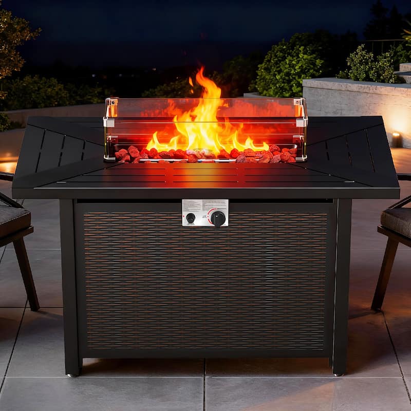 Meyreso 43 in. Rectangular Brown Metal Propane Outdoor Fire Pit Table with Glass Wind Guard Lid, Lava Rocks, 50000 BTU