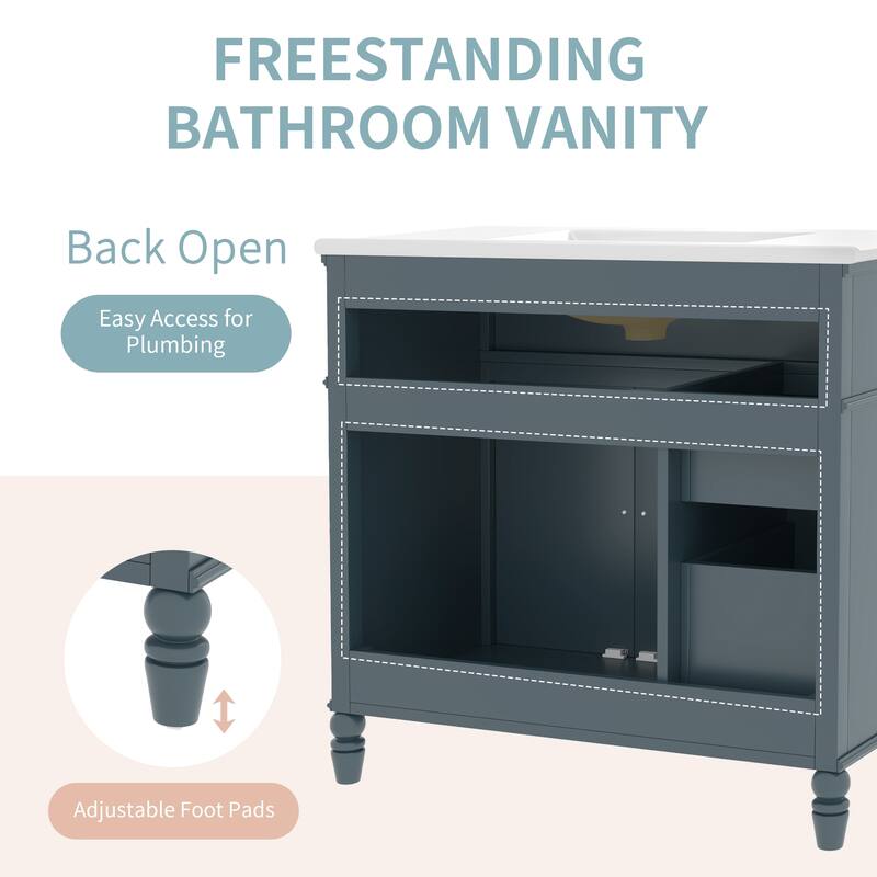 36" Bathroom Vanity with Ceramic Sink Blue Bathroom Cabinet with Drawers