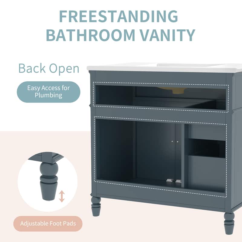 36" Blue Bathroom Vanity with Ceramic Sink, Freestanding Cabinet with Drawers and Solid Wood Frame