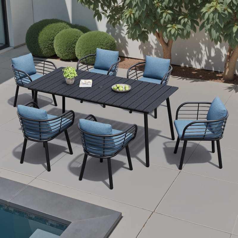 7-Piece Set Outdoor Aluminum Dining Table with Umbrella Hole and Cushioned Dining Chairs