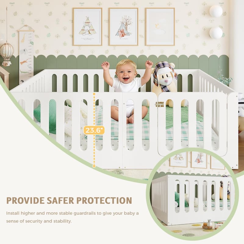 Full Size Floor Bed with High Fence for Kids, Solid Wood Kids Montessori Bed with Door, No Box Spring Needed Design