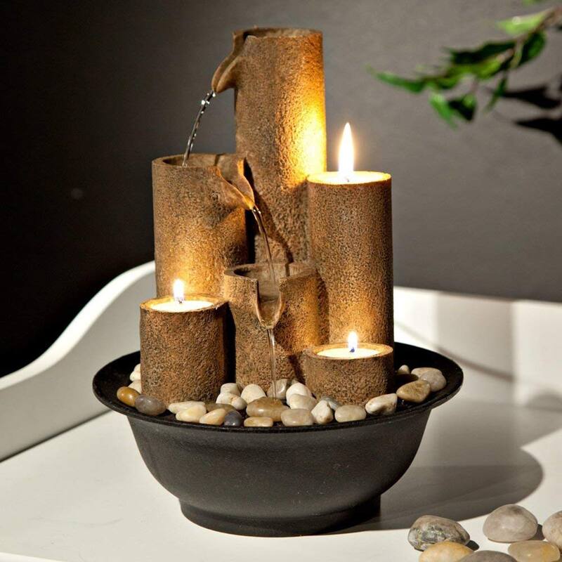 Alpine Corporation 11 in. Tall Indoor Tiered Column Tabletop Fountain with 3 Candles, Brown