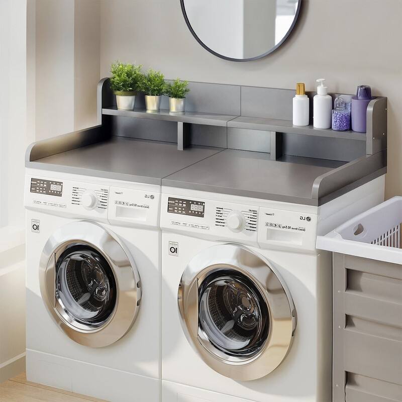 2-Tier Washer Dryer Countertop, 54" W x 27.5" D Laundry Countertop for Folding Clothes, Dual Storage & Edge Guard