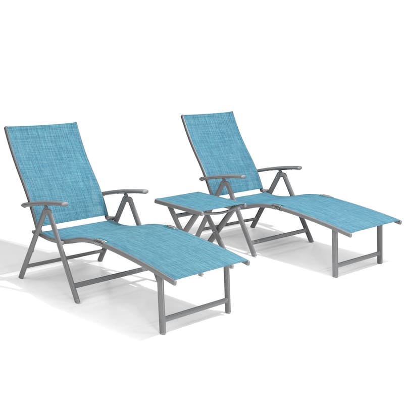 3-Pieces Outdoor Chaise Lounge Set Aluminum Adjustable Foldable Chaise Lounge Chairs and Side Table