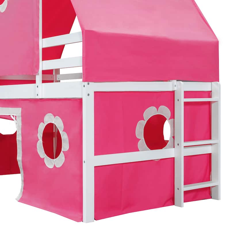 Playhouse Low Loft Bed with Slide, Pink Tent and Tower, Solid Pinewood Floor Bunk Bed Frame, Wooden Slats Support