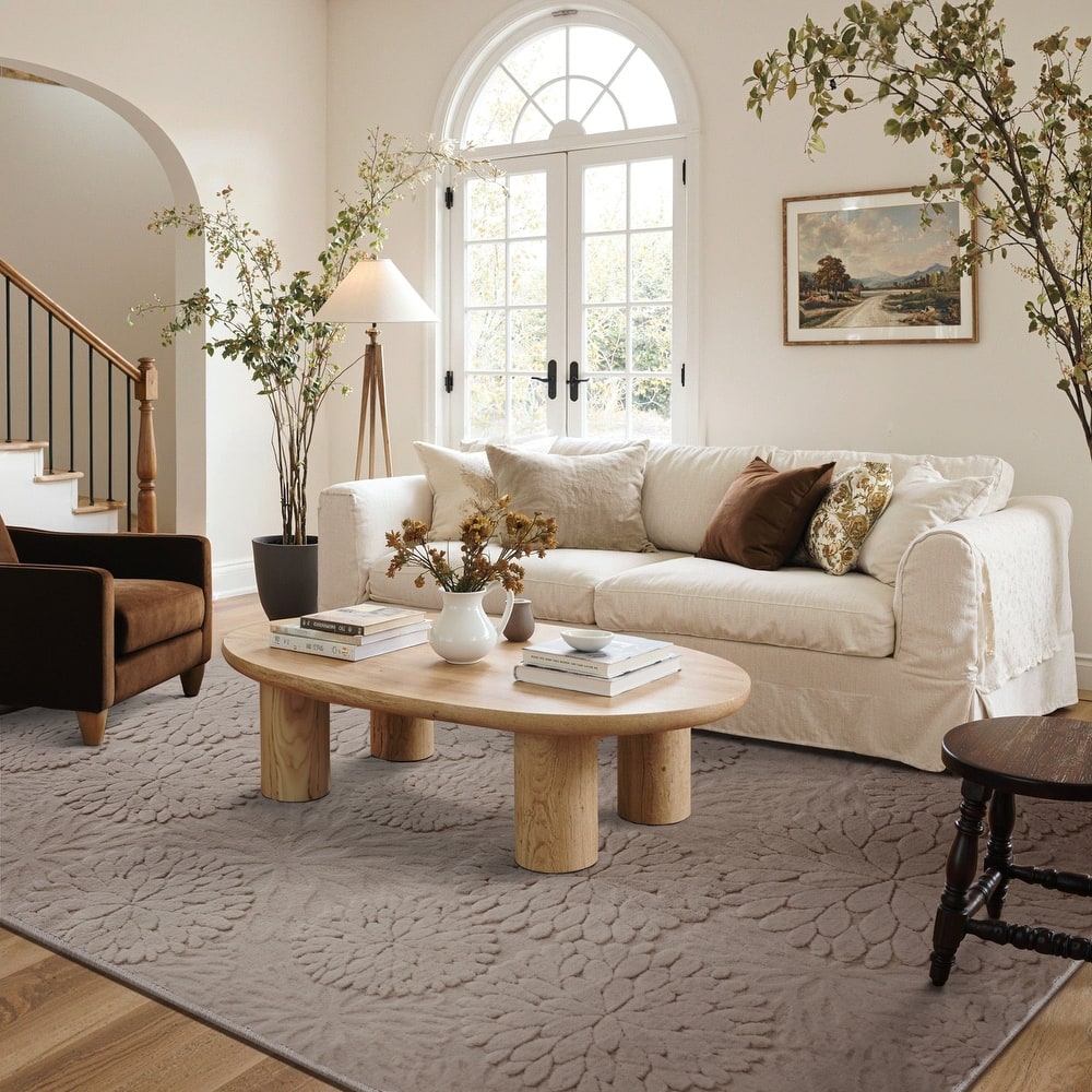 Mcow 3D Floral High-Low Textured Plush Washable Non-Slip Area Rug