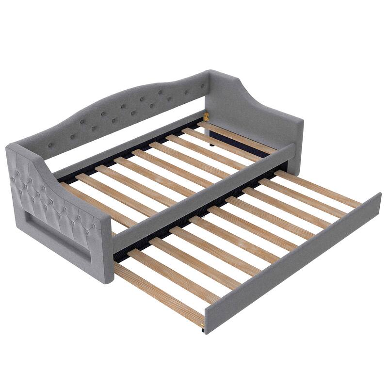 Twin XL Linen Upholstered Daybed with Color-Changing LED Lights and Space-Saving Trundle, Sturdy Frame