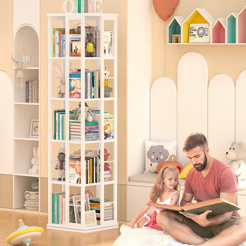 5-Tier Corner Rotating Bookshelf, 360 Display Wood Spinning Bookshelf, Floor Standing Bookcase Organizer Storage Rack