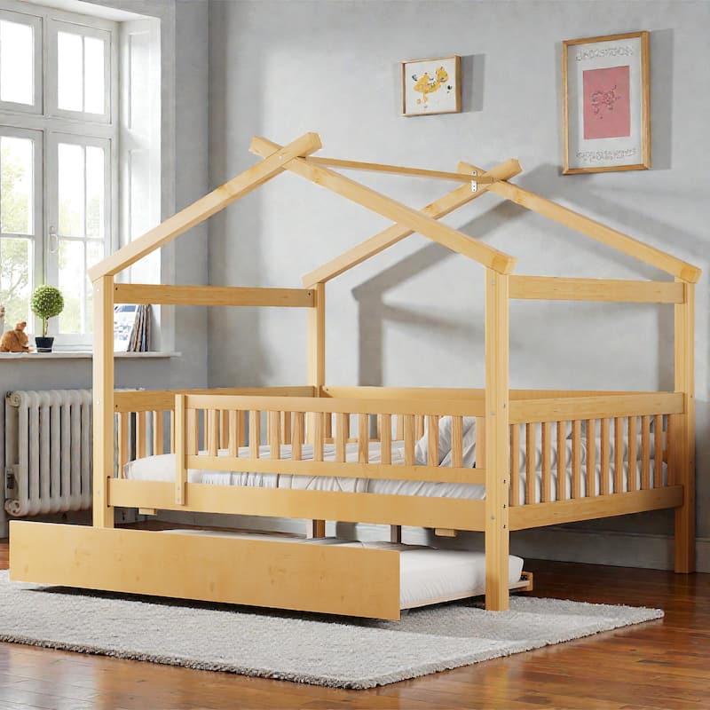 Twin/Full Wooden House Bed with Twin Trundle, Kids Platform Bed Frame with Roof Design, Solid Pine Wood - Natural - Full