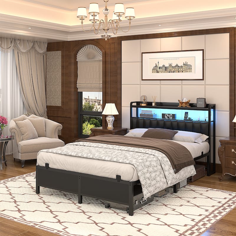 Platform Bed Frame with Upholstered Storage Headboard, Full/ Queen/ King Beds with Charge Station and LED Lights