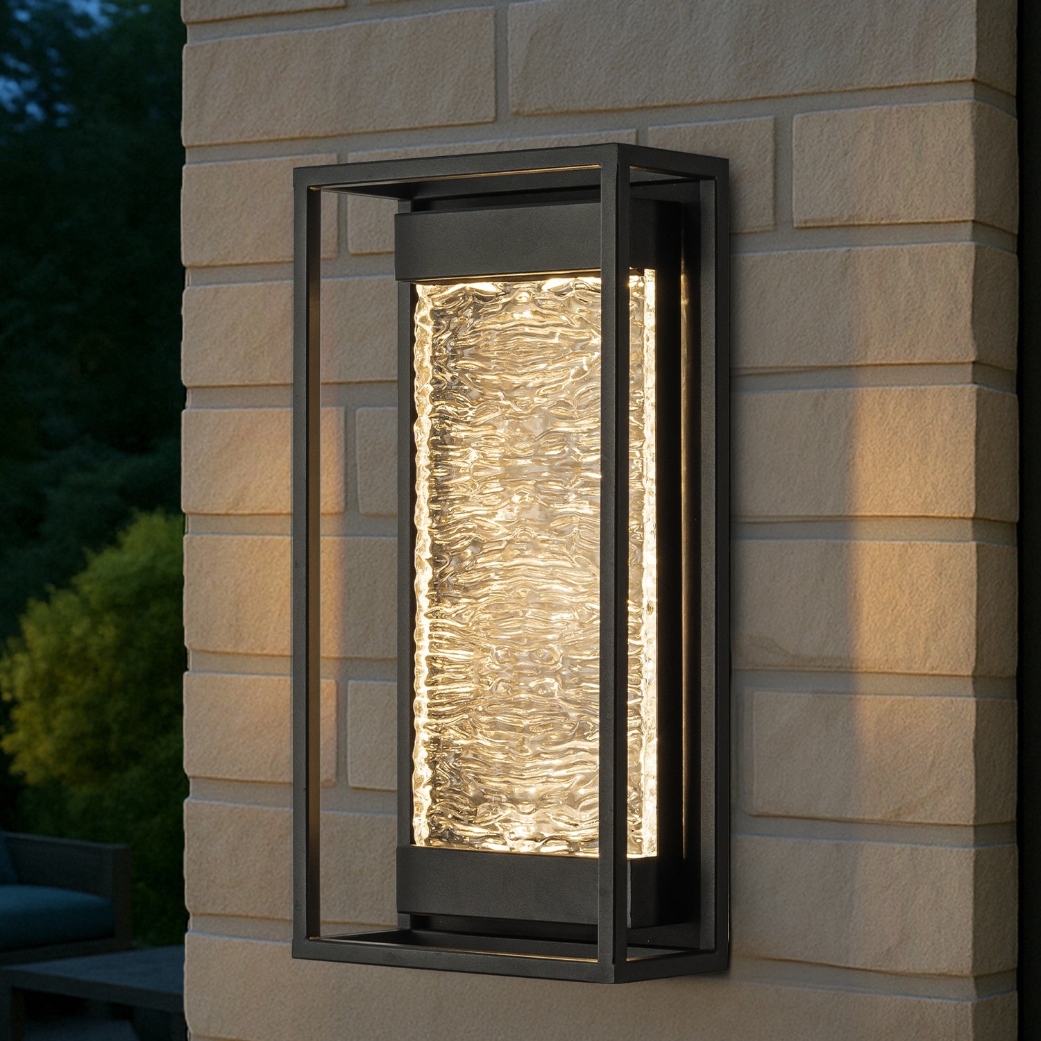 H15" Modern Outdoor Integrated LED Wall Light with Dusk to Dawn Sensor Matte Black Light Fixture with Handcrafted Textured Glass
