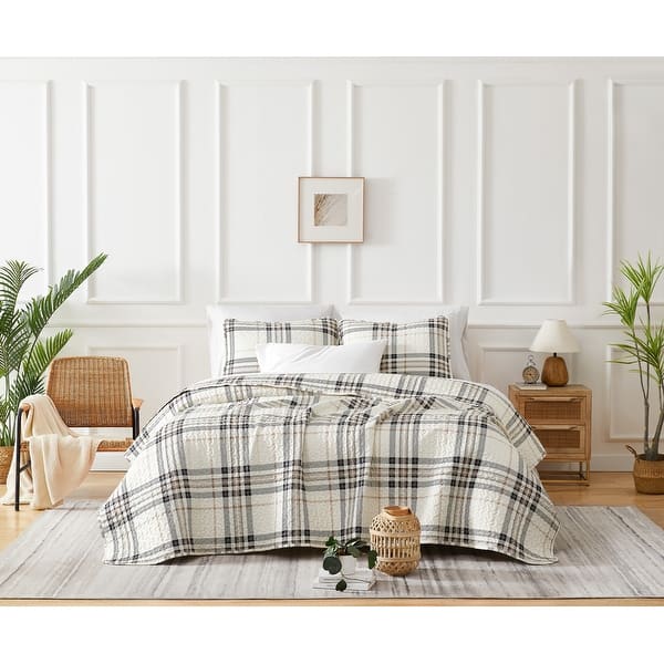 slide 2 of 3, Vilano Choice Ultra-Soft Plaid 3-piece Quilt and Sham Set Tofu - Full - Queen