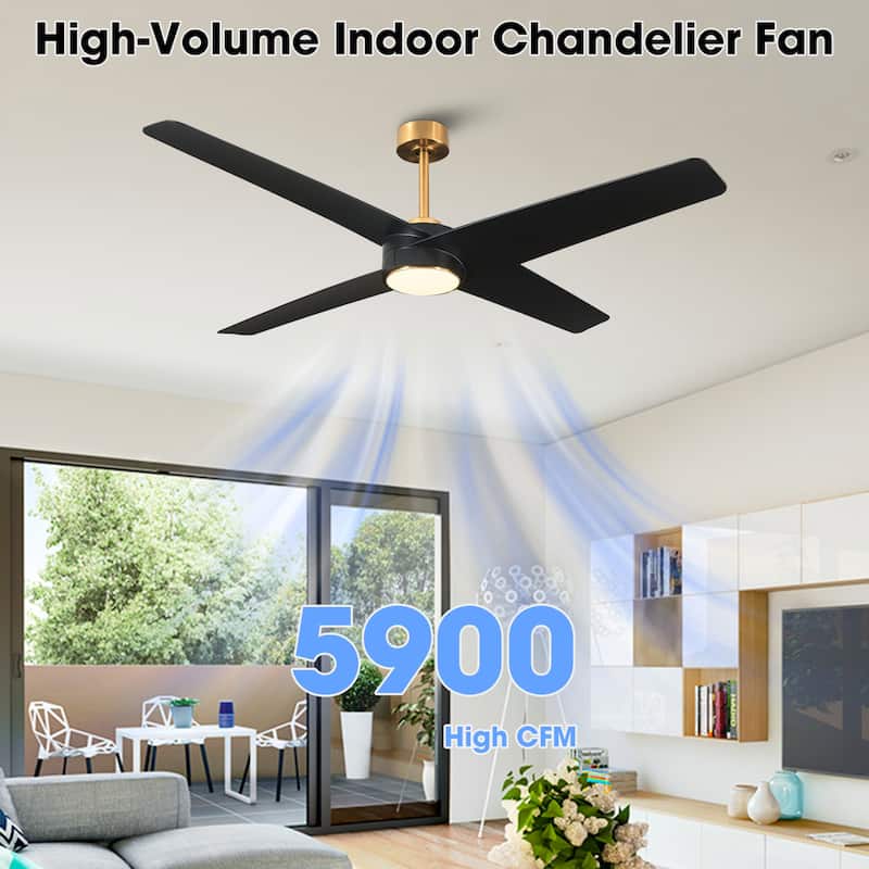 60-in Modern Black ABS 4-blade Brass Ceiling Fan with Light and Remote