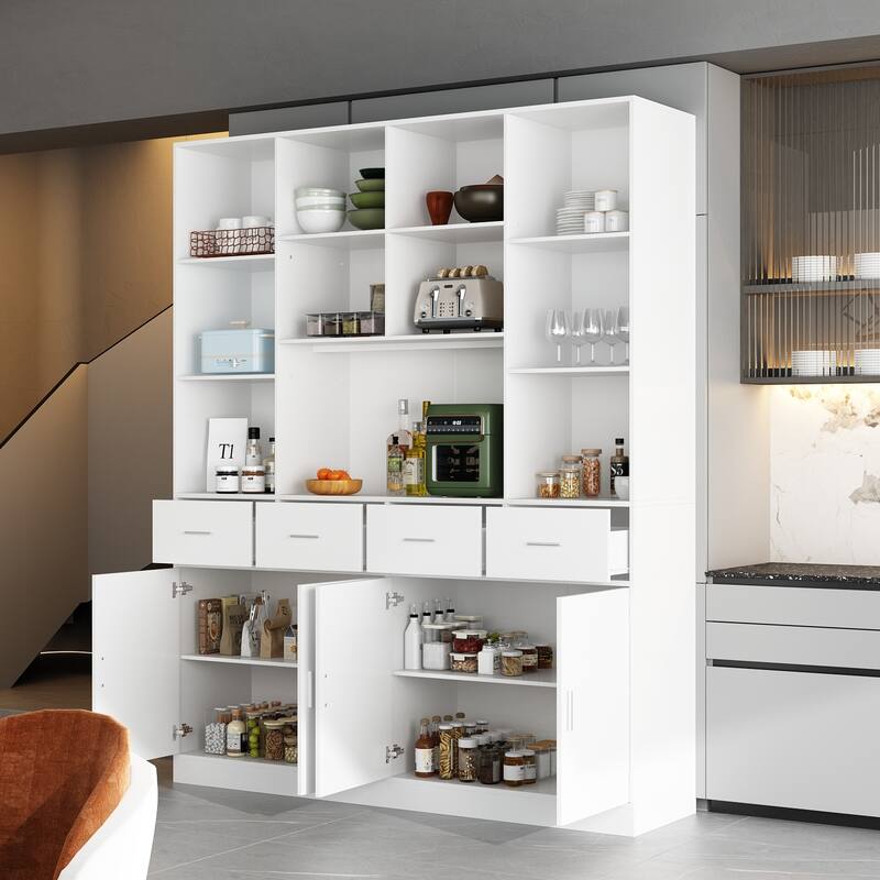 78.7" Large Bookcase,4 door, 4 drawer with Display Storage Shelves - 78.7"H x 63"W