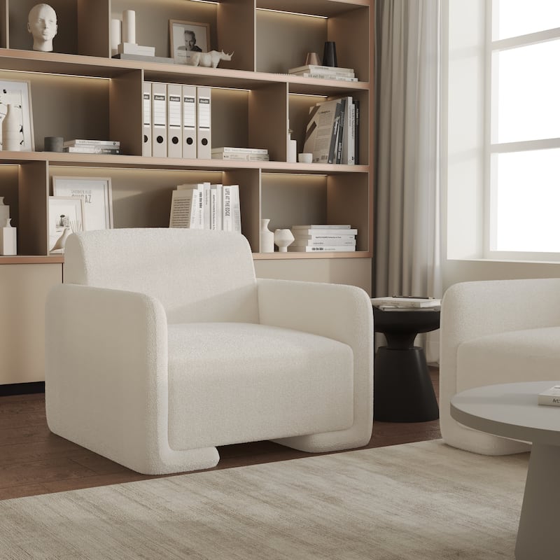 Nyta Mid-Century Accent Armchair in Deep Foam Seat, Boucle or Linen Upholstery, and Plastic Glides with Solid Wood Support