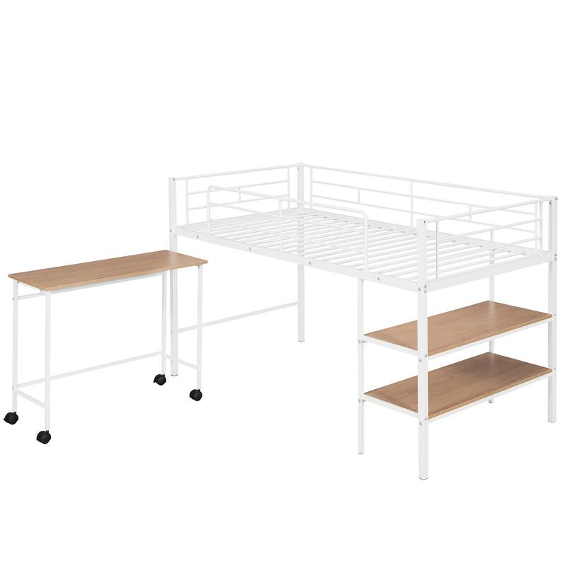 White Twin Size Metal Loft Bed with Desk and Shelves for Kids, Teens, Girls, Boys