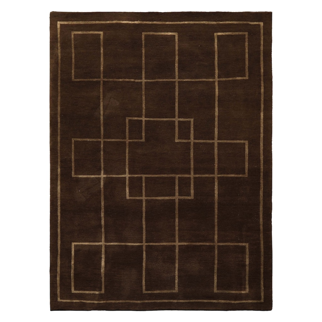 5x6'7'' Tibetano Hand Knotted Wool & Silk Art Deco Brown Rug - 5' x 6' 9''