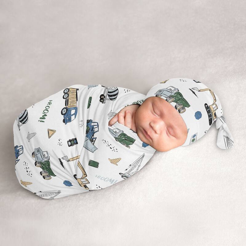 Sweet Jojo Designs Construction Truck Boy Baby Cocoon and Beanie Hat Sleep Sack 2pc Set- Grey Blue Green Transportation Vehicles