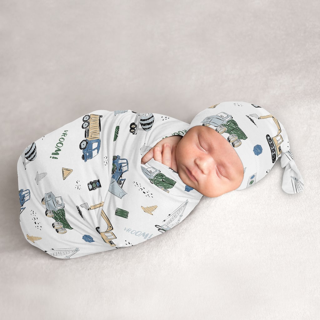 Sweet Jojo Designs Construction Truck Boy Baby Cocoon and Beanie Hat Sleep Sack 2pc Set- Grey Blue Green Transportation Vehicles
