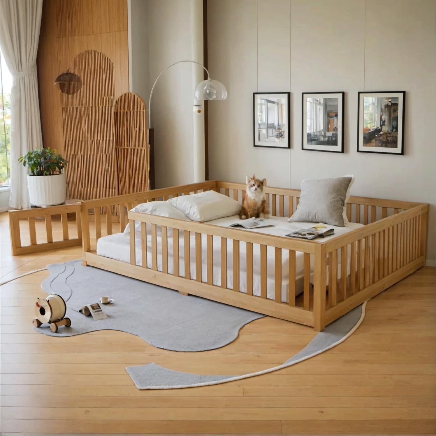 Convertible Low Profile Floor Bed with Guardrails & Wood Slats for Kids, Safe & Durable Montessori Design
