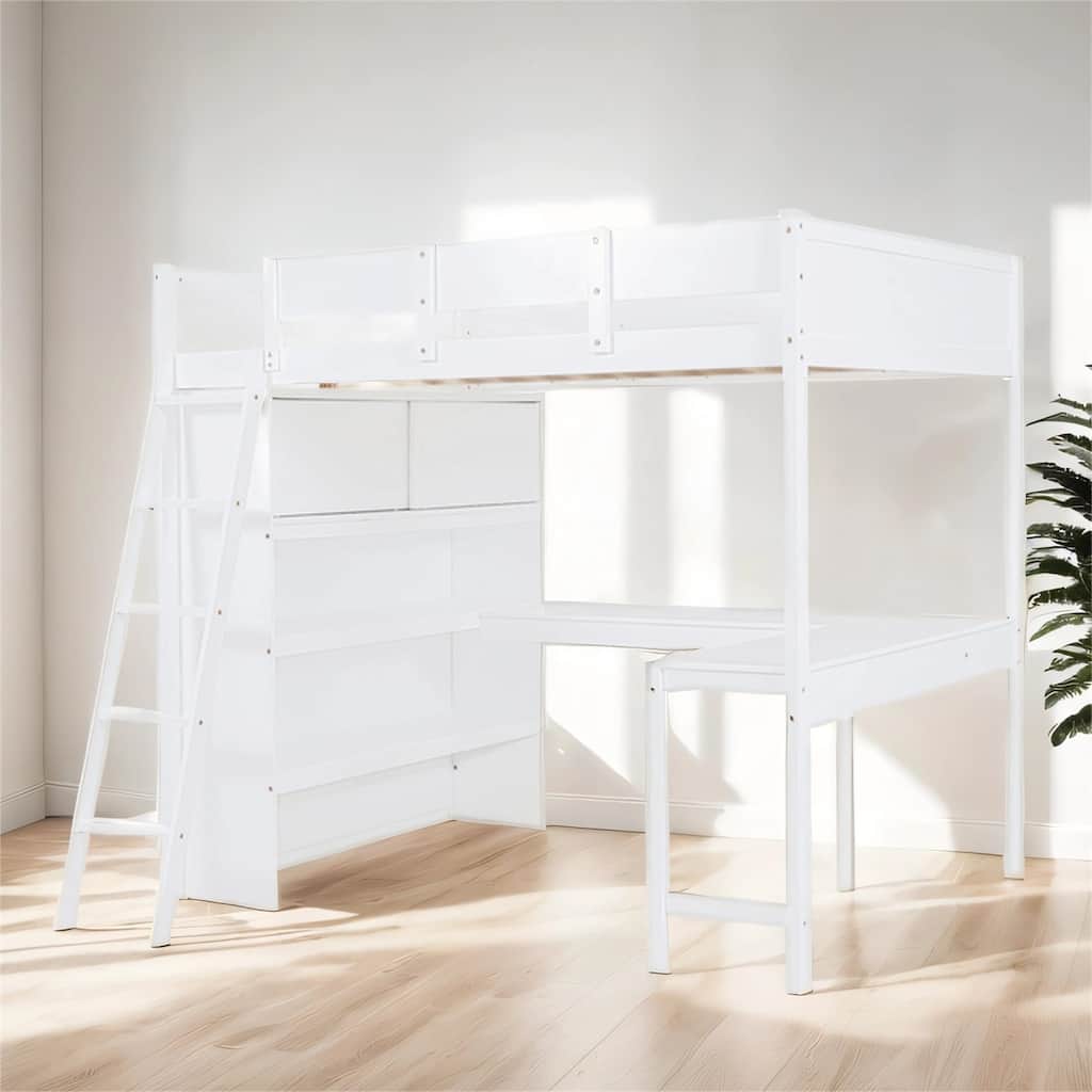 Full Size Loft Bed with Desk and Shelf