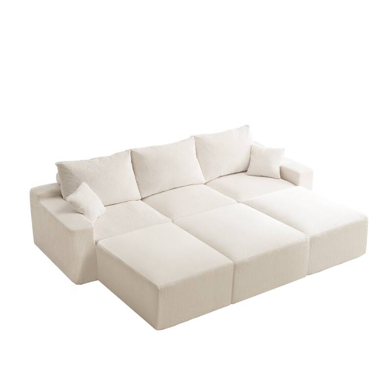 Oversized Floor Sectional Sofa with 3 Ottoman, Convertible Sofa Bed 3-Seater Modular Cloud Couch w/ Chaise for Living Room