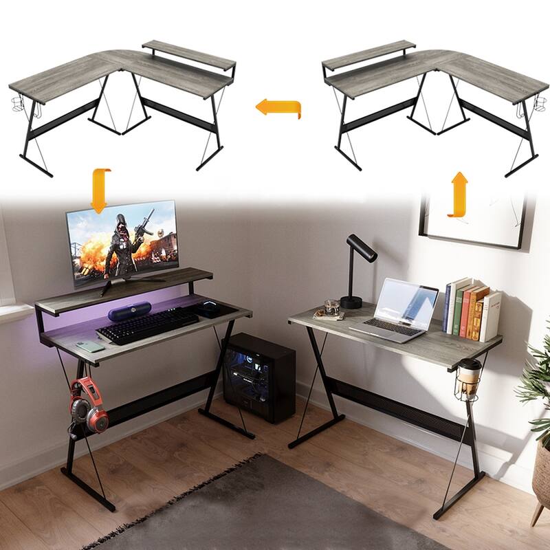 55 Inch Gaming Desk LED L Shaped Computer Corner Desk