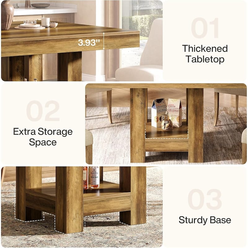 Square Dining Table for 2-4, 39-inch Farmhouse Small Kitchen Dinner Table with Storage Shelf