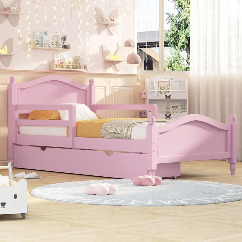 Wood Platform Bed with Guardrails on Both Sides and Two Storage Drawers