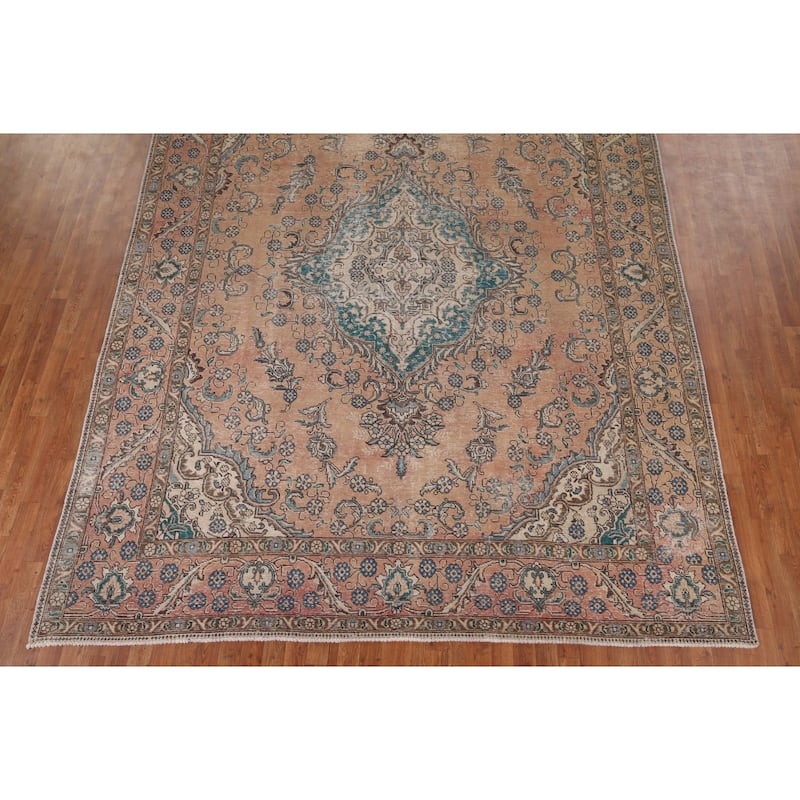 Distressed Tabriz Vintage Persian Rug Dining Room Handmade Wool Carpet - 9'3" x 12'9"