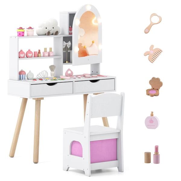 slide 2 of 22, Costway Kids Vanity Set with 3-Color Lighting Modes, Adjustable - See Details White