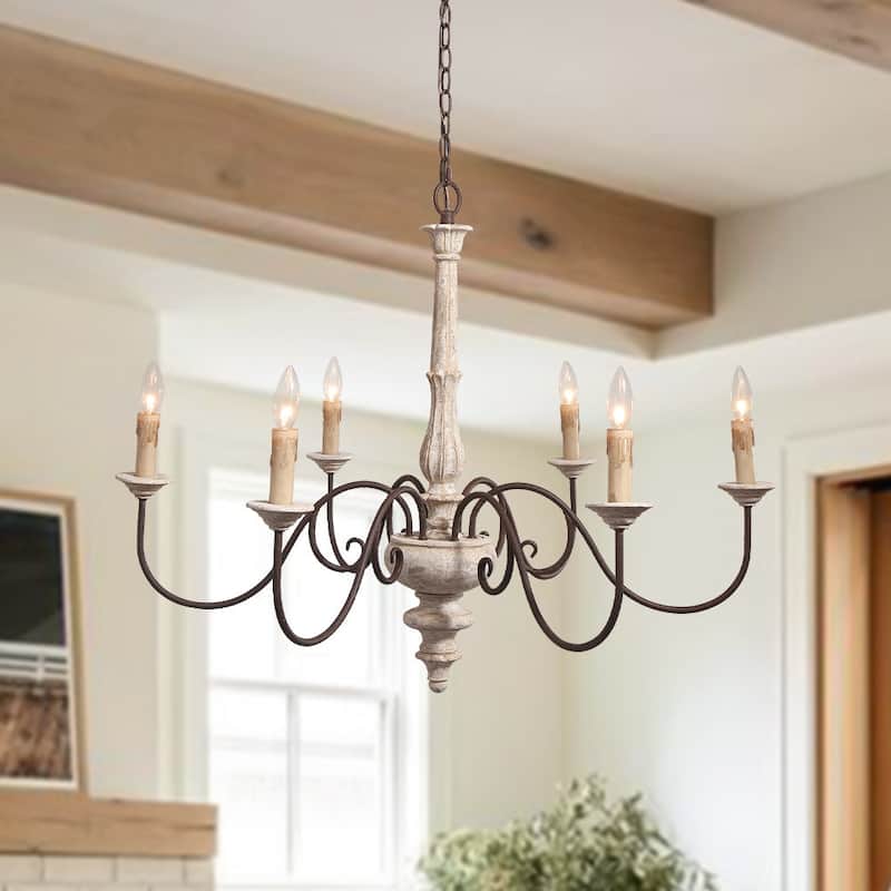 Modern Farmhouse 6-Light Shabby Chic Candle Style Wood Chandelier - Cream - 37 in. - 37 in.