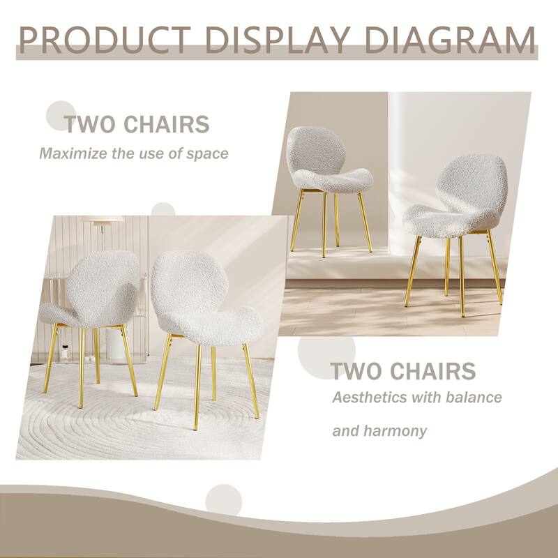 Modern minimalist white teddy velvet Dining Chairs Set of 2 with sturdy gold metal legs and comfortable backrest design,