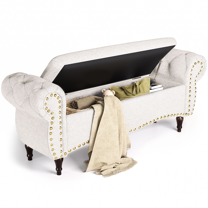 53 in Tufted Bench with Safety Hinge and Rolled Arm End of Bed Storage