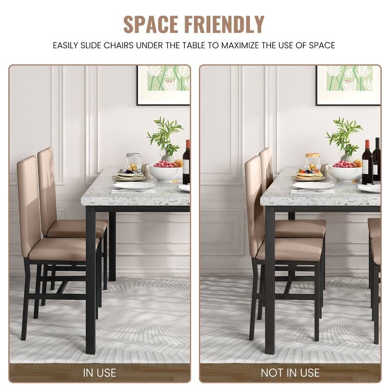 Grondin Mid-Century Modern Faux Marble Top 5-Piece Dining Table Set with 4 Faux Leather Matching Dining Chairs for Kitchen