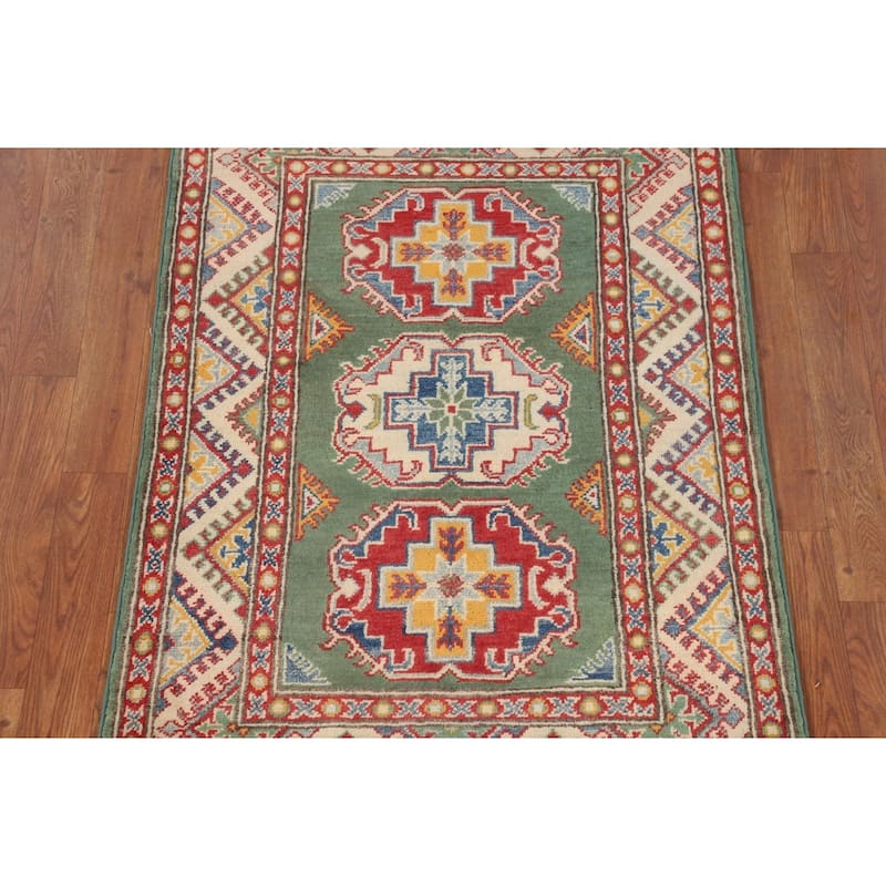 Green Geometric Kazak Accent Rug Hand-Knotted Wool Carpet - 2'9" x 3'11"