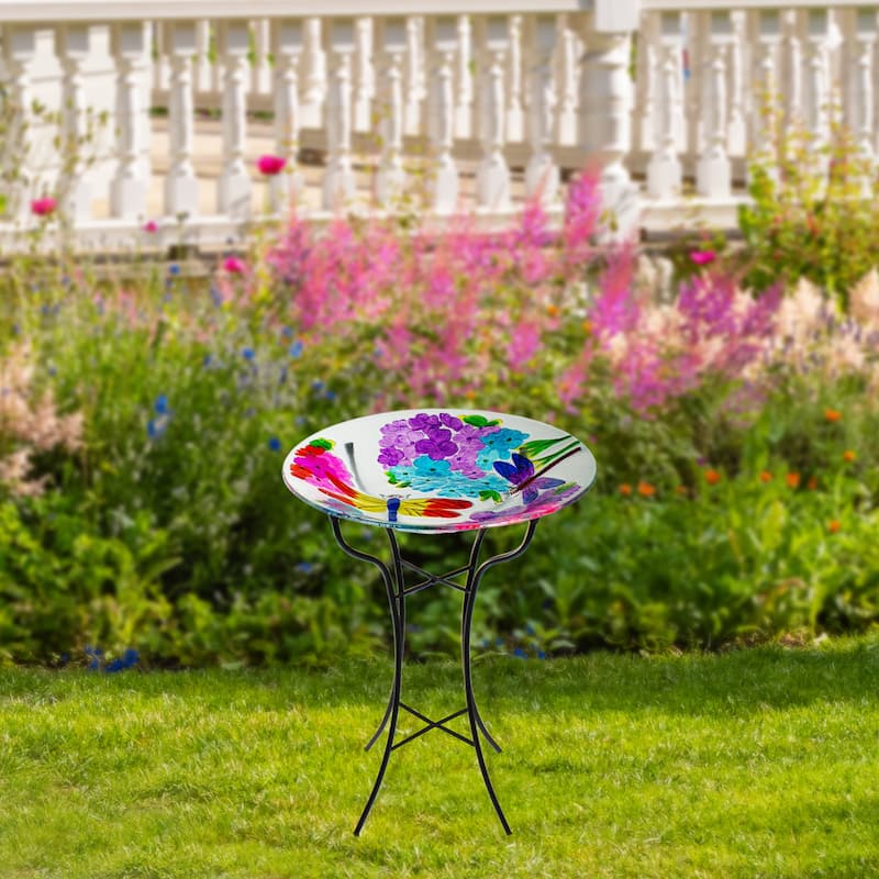 18" Pink Purple Dragonflies Hand Painted Glass Outdoor Patio Birdbath