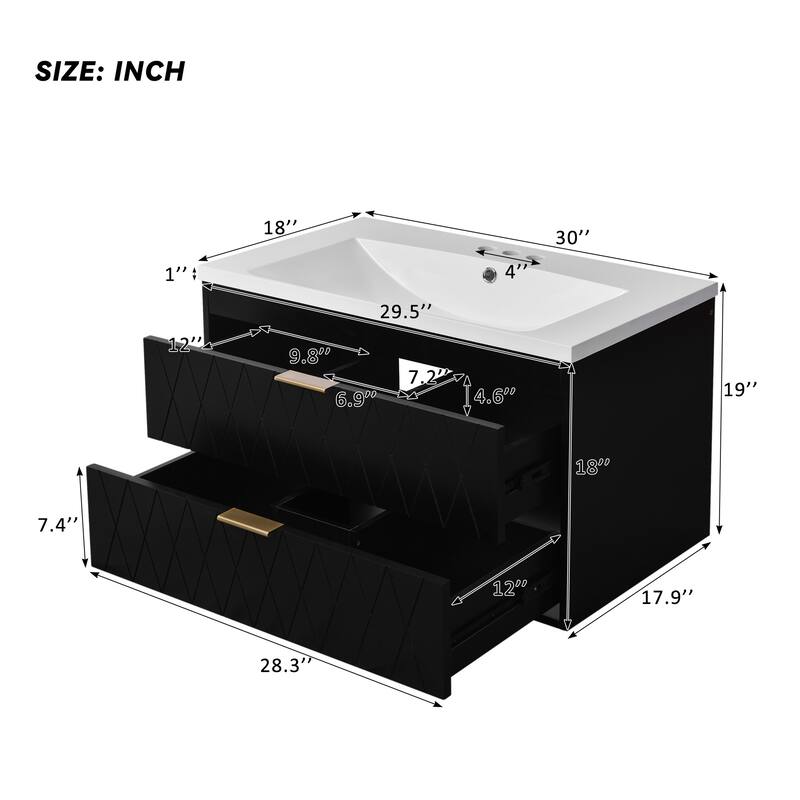 Modern 30" Wall-Mounted Bathroom Vanity with Resin Sink, Solid Wood Floating Cabinet with 2 Drawers