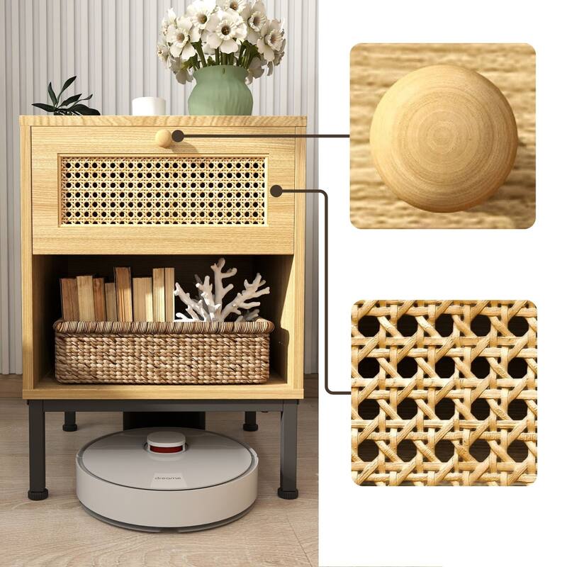 Rattan End Table/ Nightstand with Drawer, Farmhouse Boho Bed Side Table