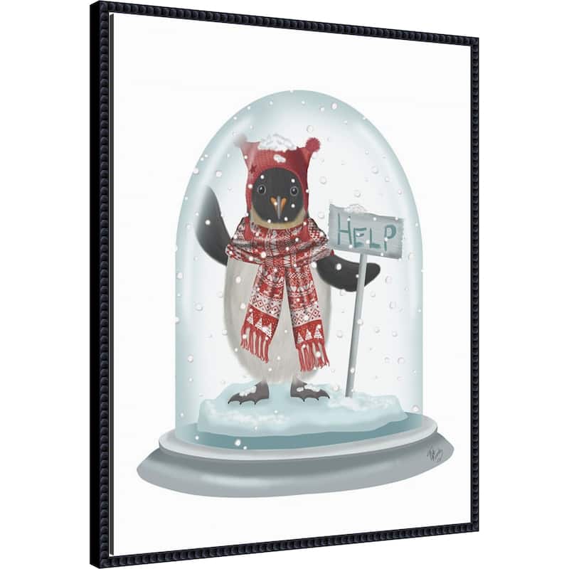 Christmas Penguin Snow Globe by Fab Funky (23 x 28 in.), Framed Canvas Wall Art Print - Sylvie Beaded Black