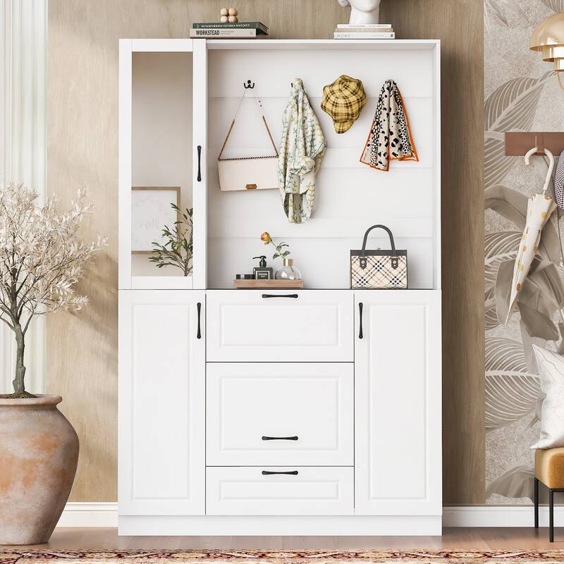 51.1"L Entryway Bench with Mirrored Cabinet Door - White