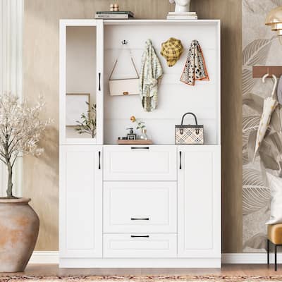 51.1"L Entryway Bench with Mirrored Cabinet Door