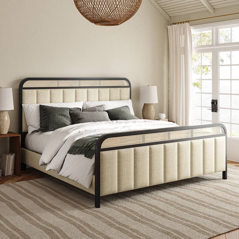 Alphons Modern Solid Wood Frame Ratten Bed with LED Headboard by HULALA HOME - Linen - King