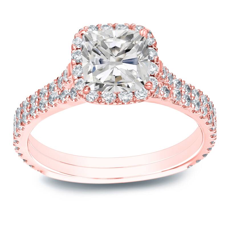 Auriya 1 3/4ctw Cushion-cut Halo Diamond Engagement Ring Set 14k Gold Certified - Rose - 9.5