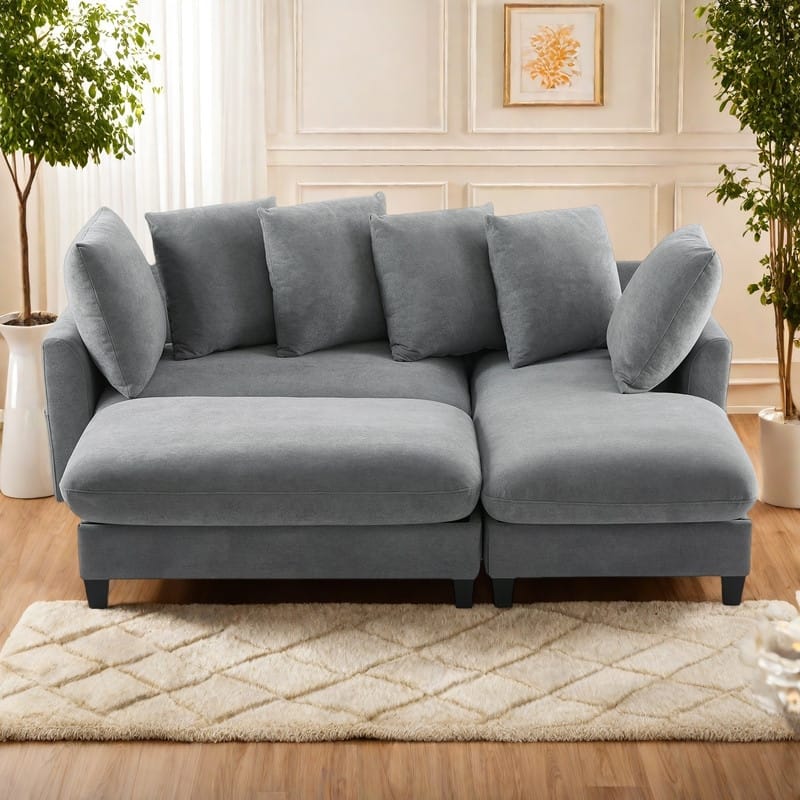 83" Chenille L-Shaped Sectional Sofa with Storage Ottoman and 6 Throw Pillows